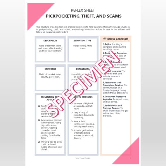 Paper guide for travelers with reflex sheets & best practices sheets, pre-travel checklist, memo sheets, and essential contacts.