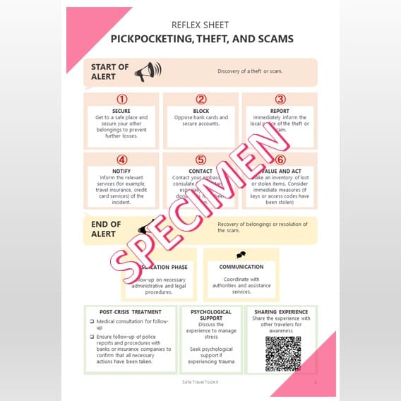 Paper guide for travelers with reflex sheets & best practices sheets, pre-travel checklist, memo sheets, and essential contacts.