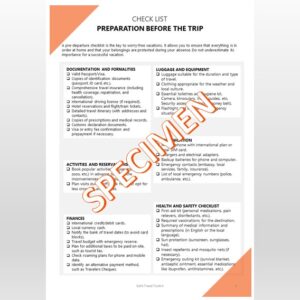 Ultra-personalized paper guide for discerning travelers with reflex sheets and best practice sheets, pre-travel preparation checklist, memo sheets, and essential contacts. Enriched contacts and detailed maps.